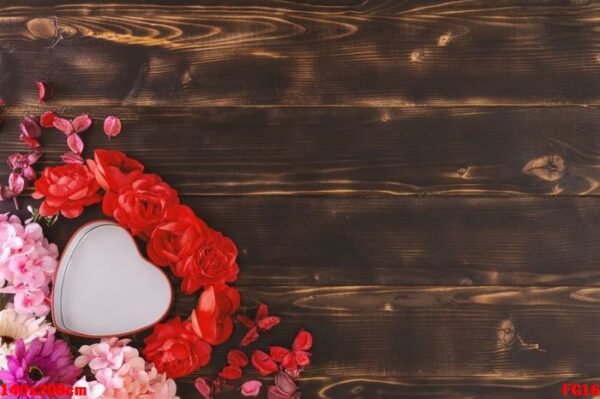 overhead view of valentine's day background on rustic wood.