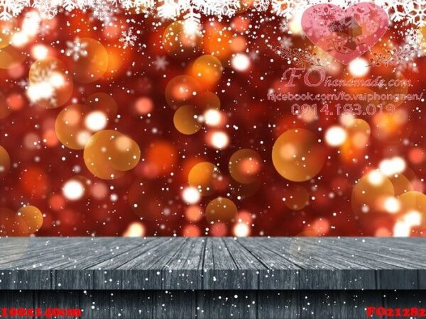 3d wooden table looking out to a christmas snowflake background