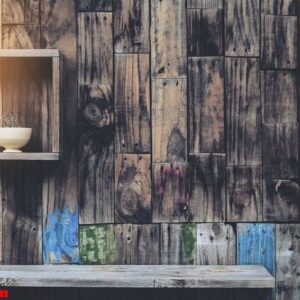 old wooden wall background with shelves and old coffee cup