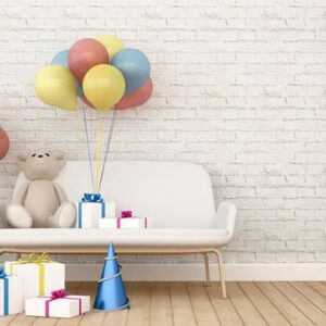 bear on sofa with gift and balloon in kid room 3d rendering