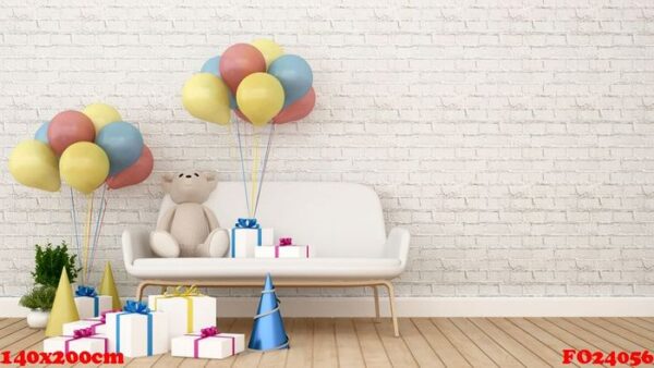 bear on sofa with gift and balloon in kid room 3d rendering