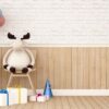 reindeer doll on chair with gift and balloon in kid room 3d re