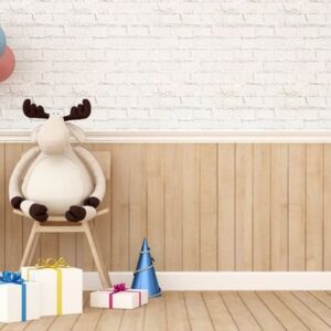 reindeer doll on chair with gift and balloon in kid room 3d re