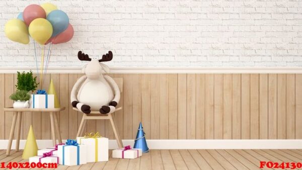 reindeer doll on chair with gift and balloon in kid room 3d re