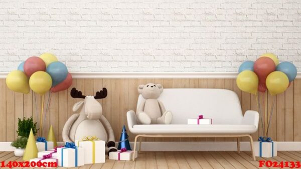 reindeer doll with bear doll on sofa and balloon in kid room 3