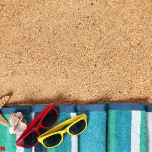 summer vacation beach background border, sunglasses, sand copy s