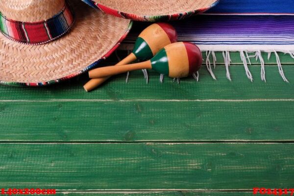 mexico sombrero border mexican maracas old green wood background