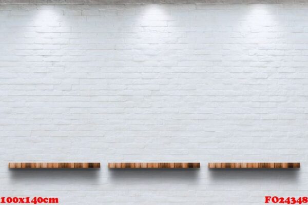 empty top of wooden shelf with white brick wall background.