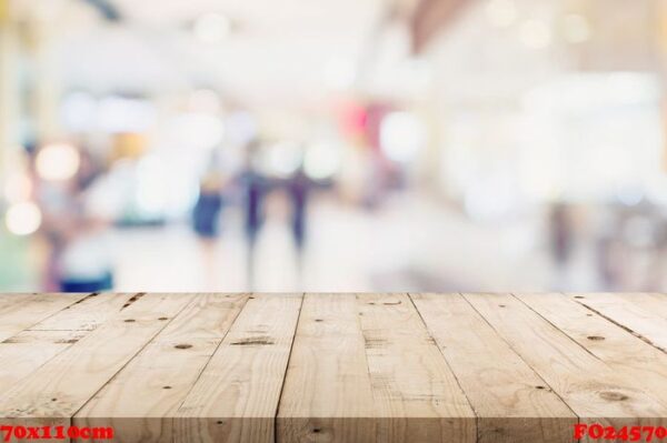 empty wood table and people in shopping in department store. def