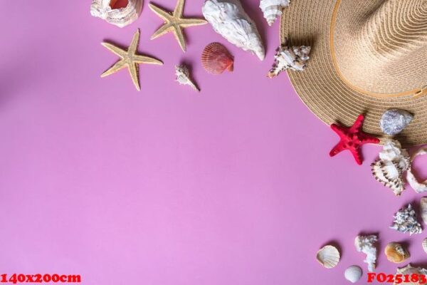 seashells on pastel violet background with straw hat summer holiday background. panton color of 2018 year