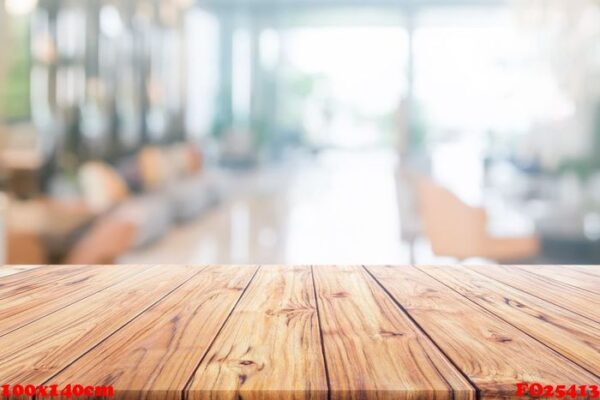 wood table top on blurred interior reception hotel or modern hallway for background ready used us display or montage products design