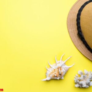 concept summer vacation. straw hat and shells on yellow background. copy space.