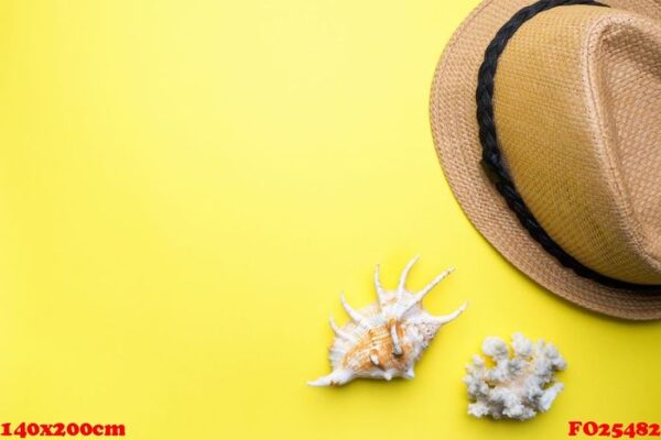 concept summer vacation. straw hat and shells on yellow background. copy space.