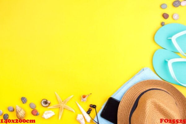 sun glasses, sun screen, headphones, smartphone, towel, slippers. flatlay beach vacation on a yellow background.