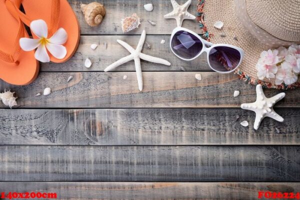 beach accessories including flip flop, starfish, beach hat and s