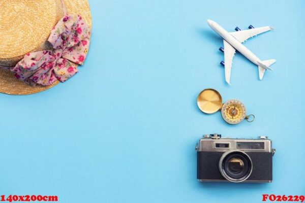 concept of tourism, weekend getaway colored pastel blue paper background