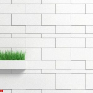 green tall grass protruding from a flower pot in the shape of a brick extended from a brick grey wall. 3d illustration