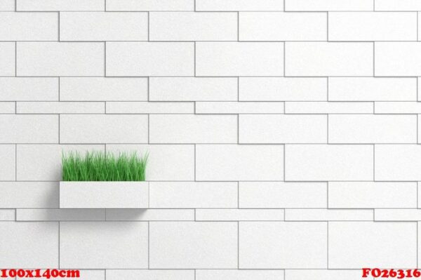 green tall grass protruding from a flower pot in the shape of a brick extended from a brick grey wall. 3d illustration