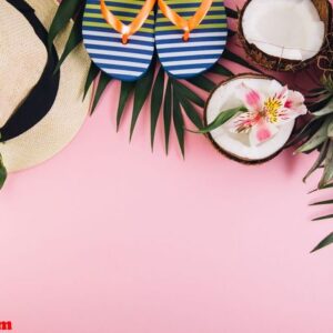 tropical palm leaves, hat, slippers, pineapple, coconut on white