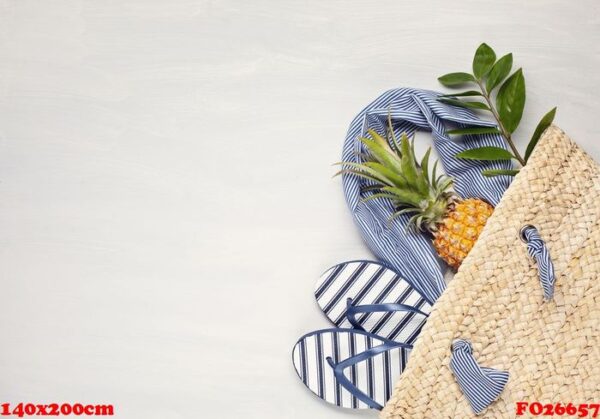 tropical beach accessories top view with straw summer bag and fl