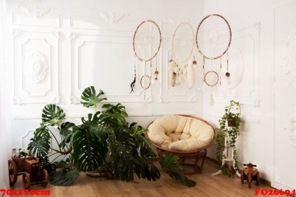 room interior with tropical houseplants monstera, dreamcatchers