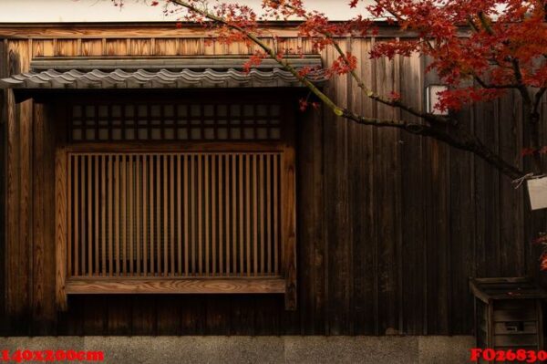 japan old house, wooden wall and window behide the meple tree and red leaf