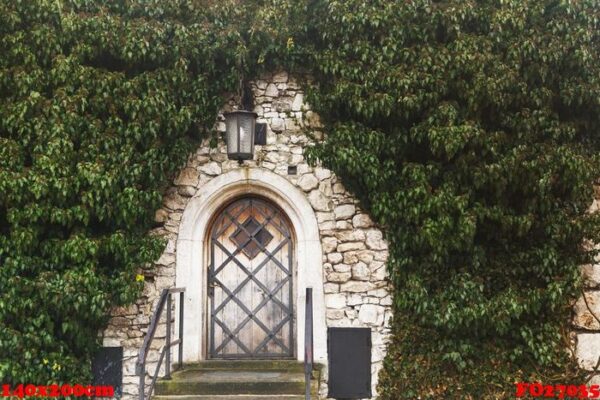 the wooden door in stone wall of the old medieval castle