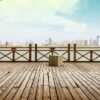 panoramic skyline and buildings with empty wooden board