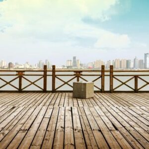 panoramic skyline and buildings with empty wooden board