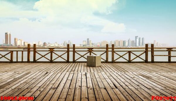 panoramic skyline and buildings with empty wooden board