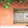 an old wooden door with cement wall and ivy.