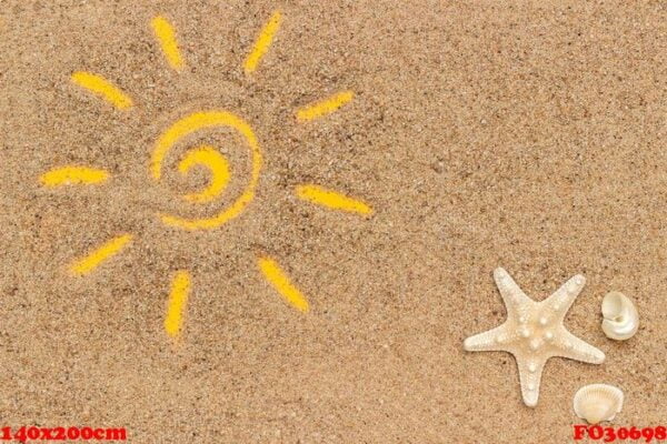 sun sign drawn and starfish, seashells on sand. creative top view copy space top view