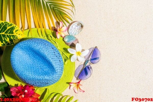 blue and green straw hat with sunglasses, sea shells and frangip