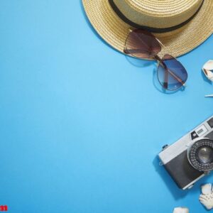 summer holiday accessories branch blue background