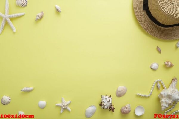 summer concept accessories straw hat with shellfish yellow background