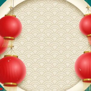 traditional lunar year background with hanging lanterns and flowers