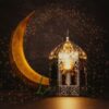 3d render of crescent moon with glitter effect and illuminated arabic lantern for islamic festival celebration concept.