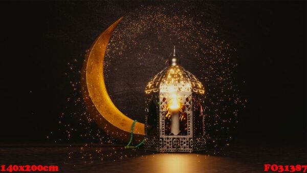 3d render of crescent moon with glitter effect and illuminated arabic lantern for islamic festival celebration concept.