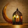 3d render of crescent moon and illuminated arabic lantern on brown grunge background with glitter effect.