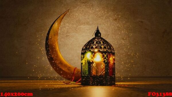 3d render of crescent moon and illuminated arabic lantern on brown grunge background with glitter effect.