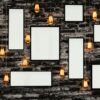 grunge brick wall background decorated with blank photo frames and hanging illuminated lamps. 3d render.