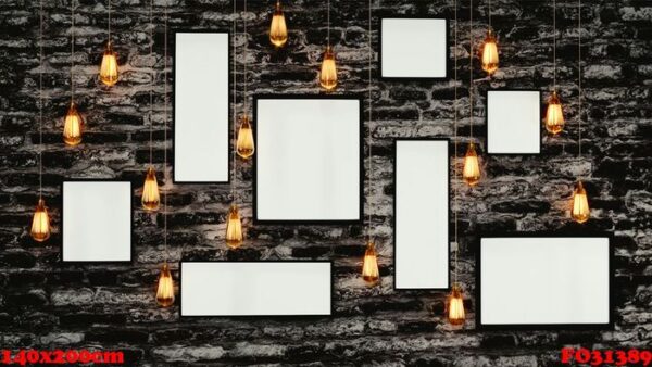 grunge brick wall background decorated with blank photo frames and hanging illuminated lamps. 3d render.