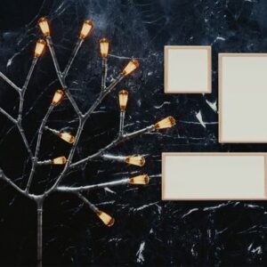 3d render of blank photo frames with illuminated branch firefly lighting on black wall grunge background.