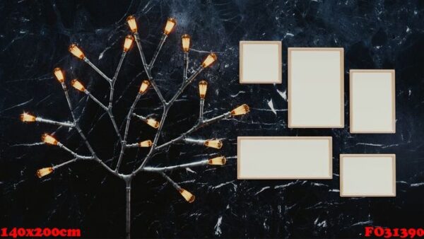 3d render of blank photo frames with illuminated branch firefly lighting on black wall grunge background.