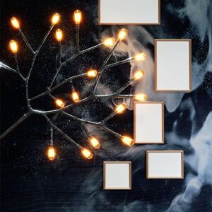 3d rendering of black wall texture background decorated with blank photo frames and illuminated branch firefly lighting.