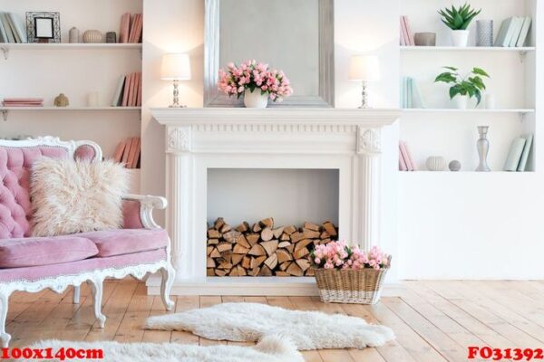 modern light interior with fireplace, spring flowers and cozy pink sofa