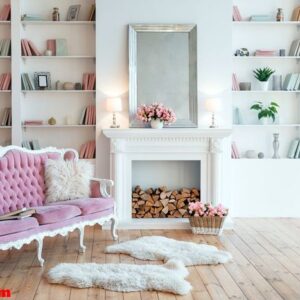 modern light interior with fireplace, spring flowers and cozy pink sofa