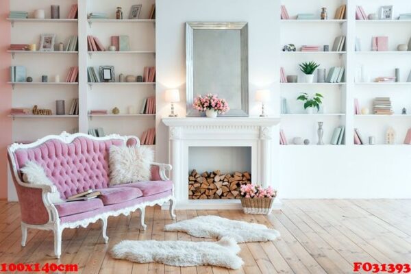 modern light interior with fireplace, spring flowers and cozy pink sofa