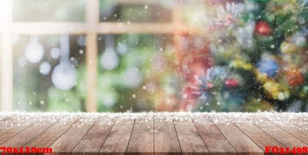 empty wood table top on blur with bokeh christmas tree and new's