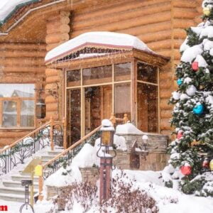 christmas tree at the entrance to a wooden house in the snow